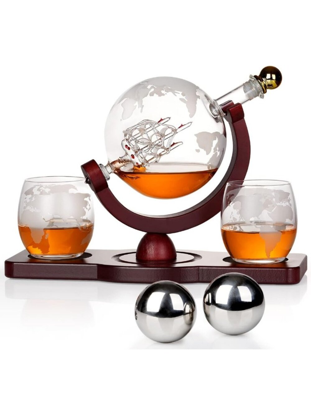 Whiskey Decanter Globe Set with Glasses & Stones - Unique Gifts for Men, Dad